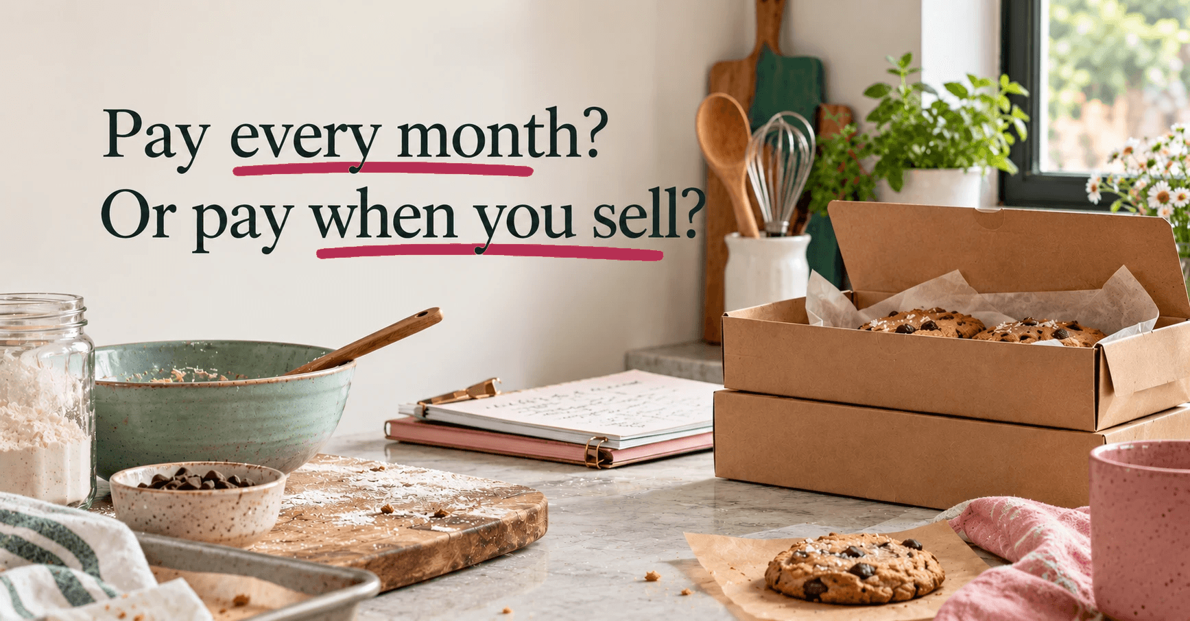 A bakery counter with kraft cookie boxes and the question: pay every month, or pay when you sell?