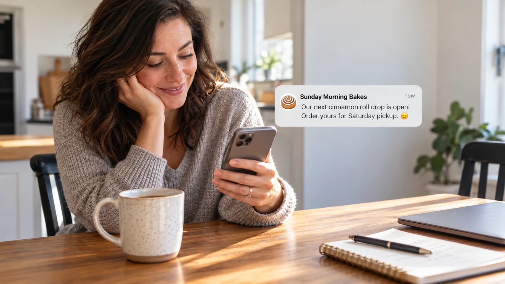 A woman at her kitchen table with coffee, smiling at her phone as a Sunday Morning Bakes notification arrives: our next cinnamon roll drop is open
