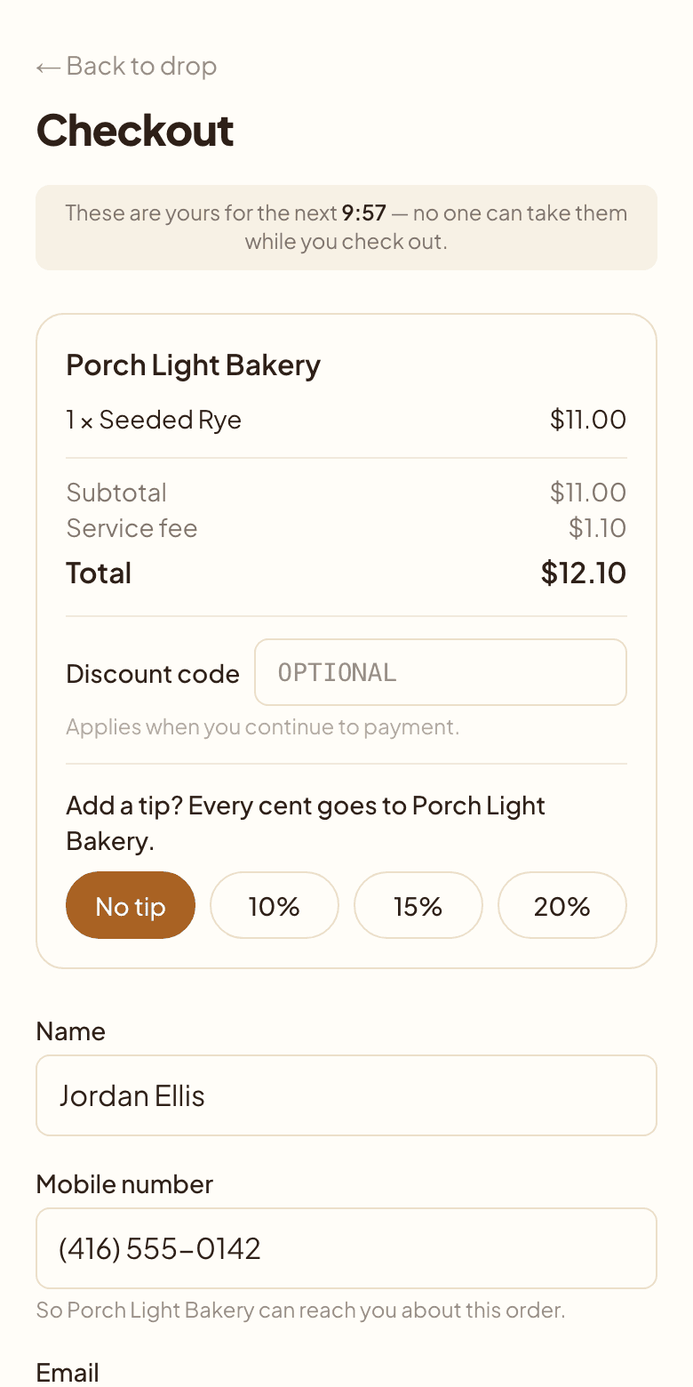 Checkout on a phone: items held, one total, name and number