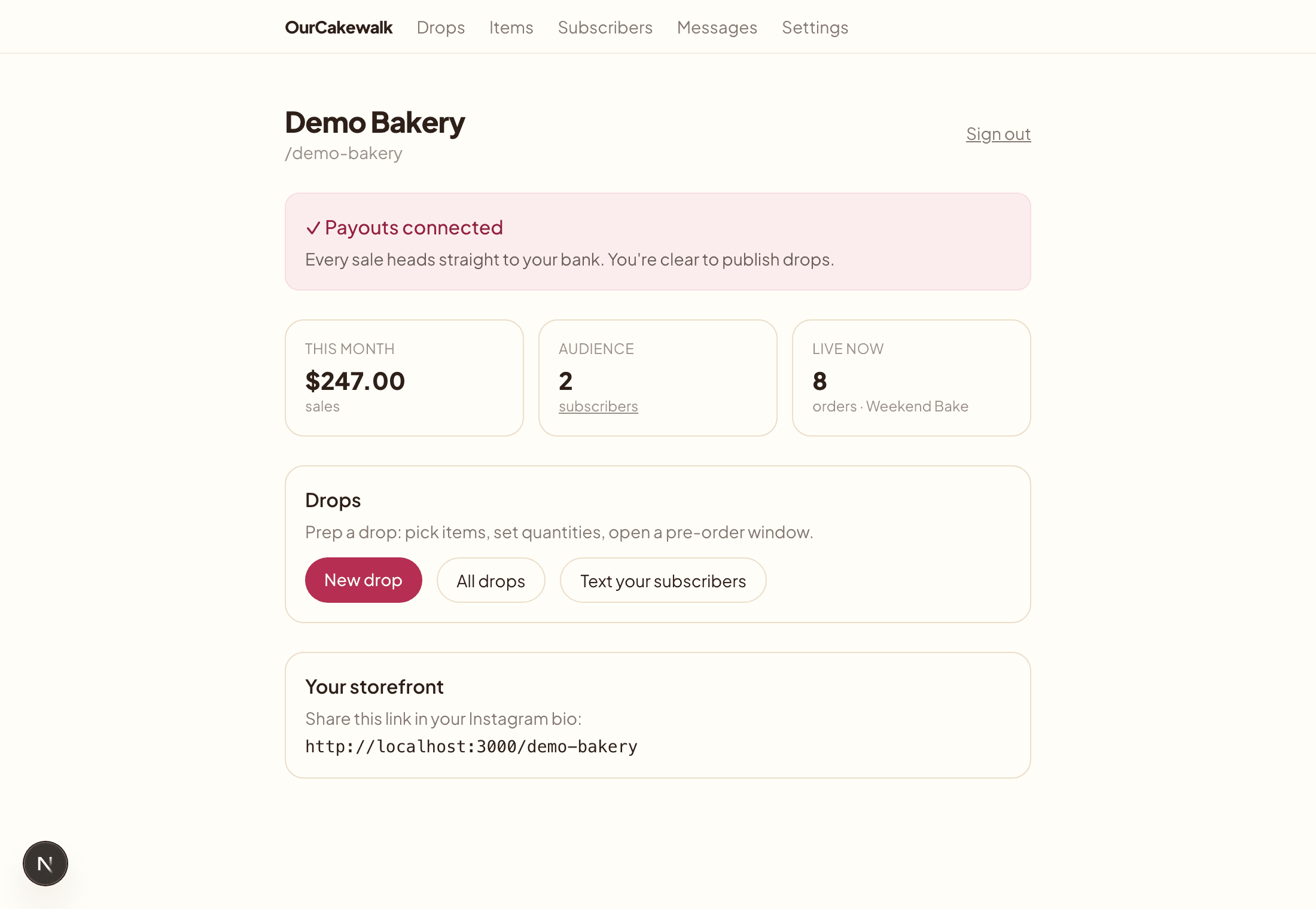 The chef dashboard with sales, subscribers, and the live drop