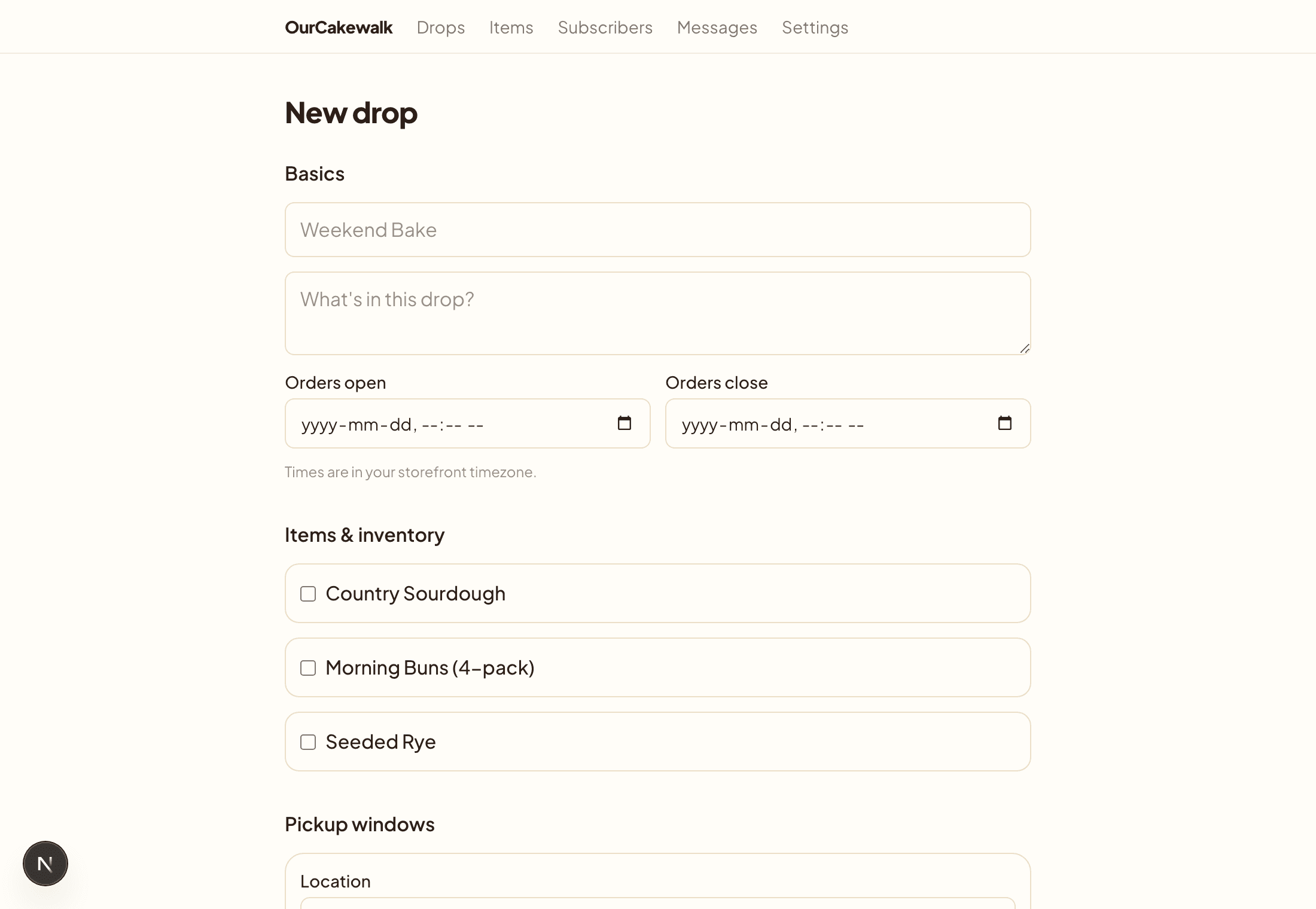The drop builder: items, quantities, order window, pickup windows