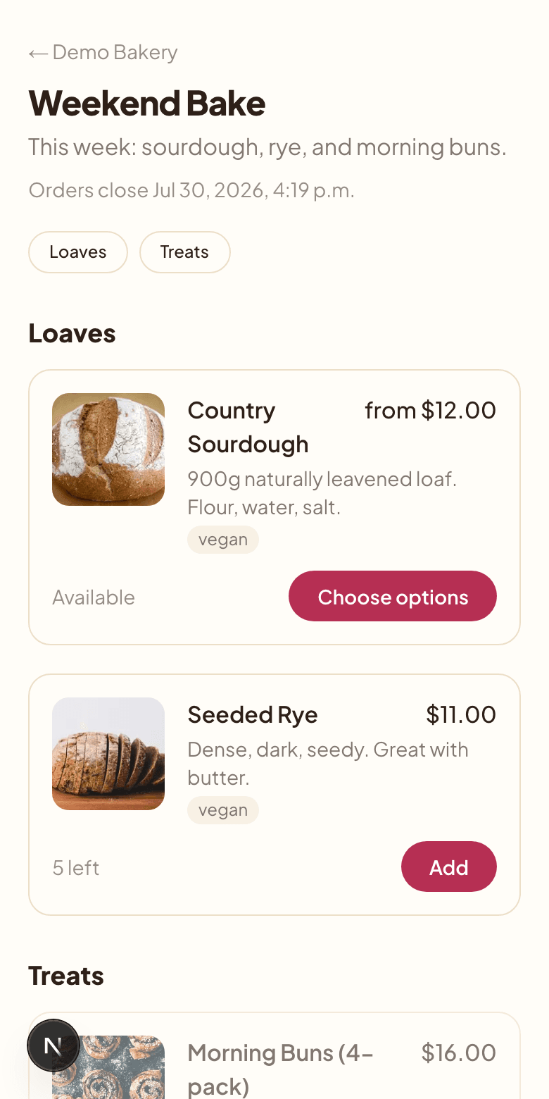 A live drop page with menu sections and availability