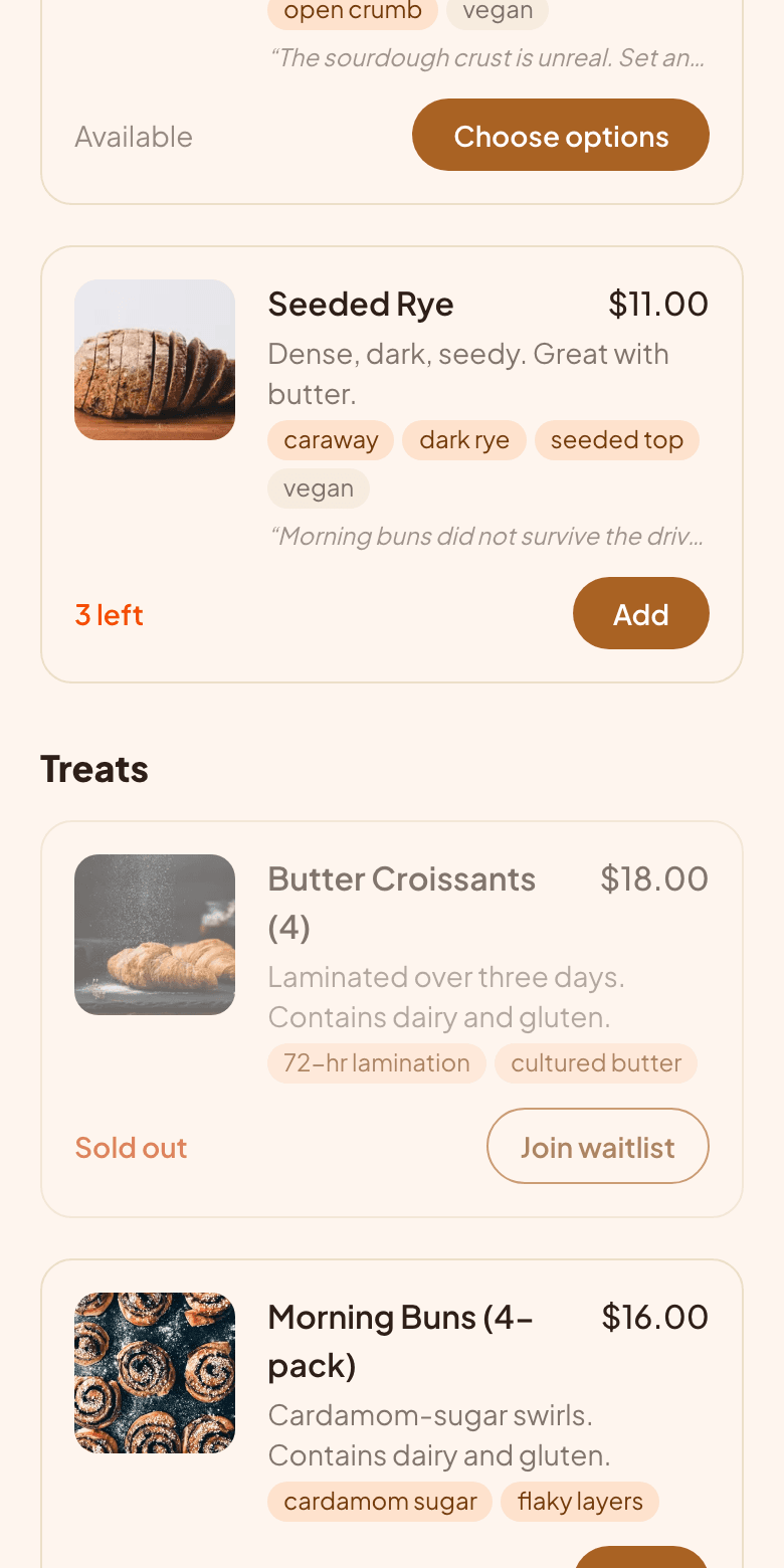 A drop page: the seeded rye down to 3 left, the croissants sold out