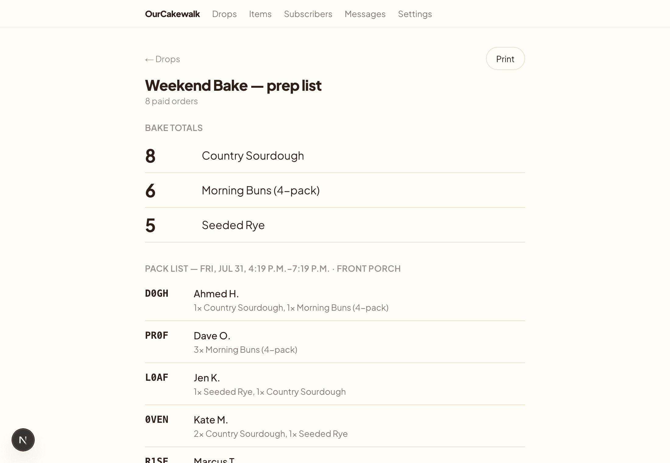 A real prep list: bake totals and a pack list by pickup window