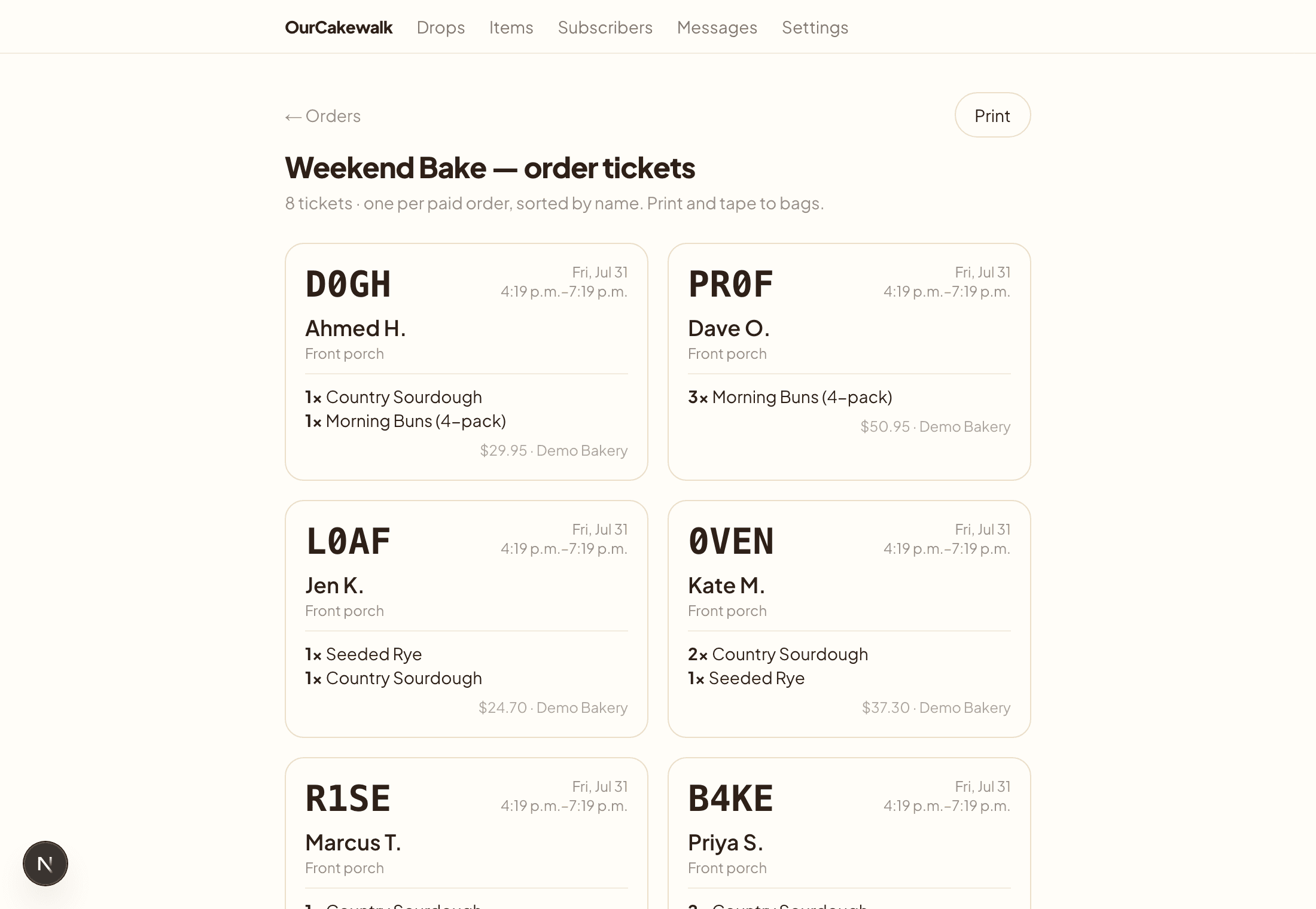 Printable order tickets, one per bag