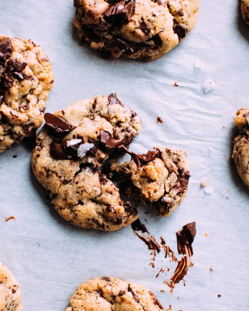Chocolate chip cookies on parchment