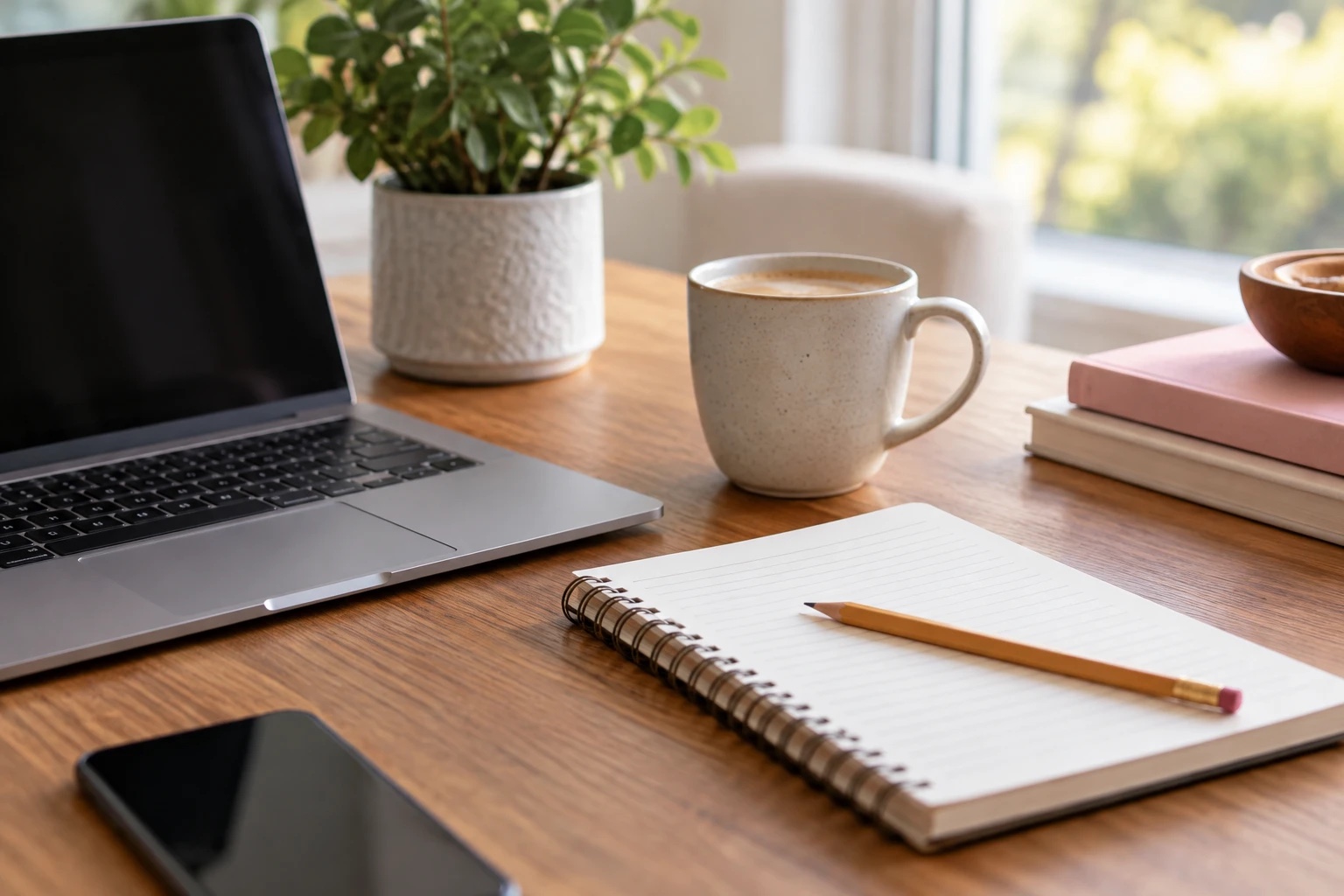 A laptop, notebook and pencil, and a latte on a sunny kitchen table